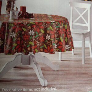 Holiday Time 70" Round Vinyl Tablecloth Poinsettia Holly Berries Pinecones NEW